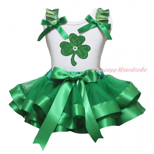 St Patrick's Day White Pettitop Kelly Green Ruffles Bow & Clover Print & Kelly Green Trimmed Pettiskirt MG2665