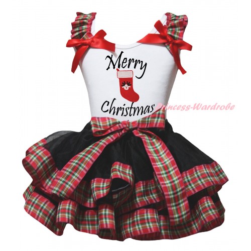 Christmas White Pettitop Red Green Checked Ruffles Red Bow & Merry Christmas Painting & Christmas Stocking Print &  Black Red Green Checked Trimmed Pettiskirt MG2671