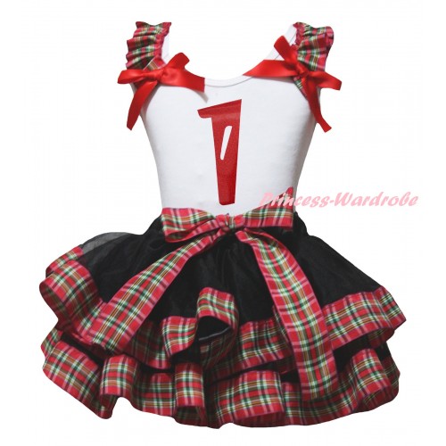 White Pettitop Red Green Checked Ruffles Red Bow & 1st Birthday Number Painting & Black Red Green Checked Trimmed Pettiskirt MG2676