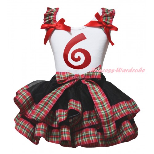 White Pettitop Red Green Checked Ruffles Red Bow & 6th Birthday Number Painting & Black Red Green Checked Trimmed Pettiskirt MG2681