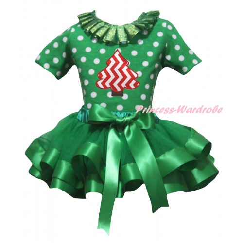 Christmas Kelly Green White Dots Pettitop Kelly Green Lacing & Red White Chevron Christmas Tree & Kelly Green Trimmed Pettiskirt MG2683