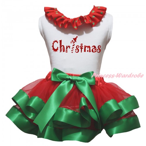 Christmas White Pettitop Red Green Dots Lacing & Sparkle Christmas Painting & Red Kelly Green Trimmed Pettiskirt MG2693