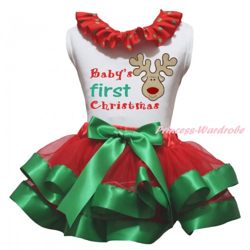 Christmas White Pettitop Red Green Dots Lacing & Baby's First Christmas Painting & Christmas Reindeer Print & Red Kelly Green Trimmed Pettiskirt MG2694