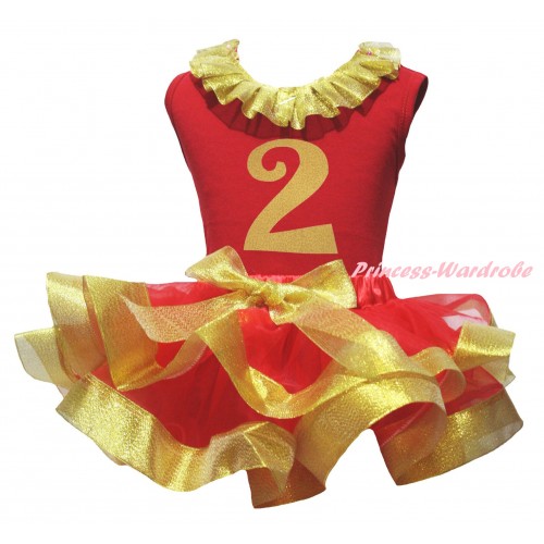 Red Pettitop Gold Lacing & 2nd Birthday Number Painting & Red Gold Trimmed Pettiskirt MG2702