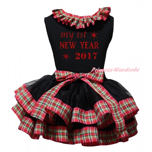 Black Pettitop Red Green Checked Lacing & Sparkle My 1st New Year 2017 Painting & Black Red Green Checked Trimmed Pettiskirt MG2709