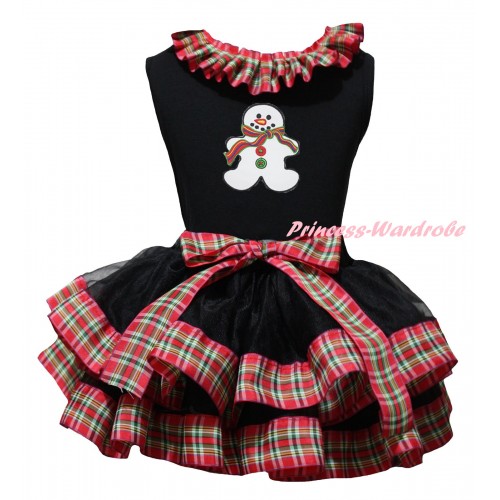 Christmas Black Pettitop Red Green Checked Lacing & Christmas Gingerbread Snowman Print & Black Red Green Checked Trimmed Pettiskirt MG2710