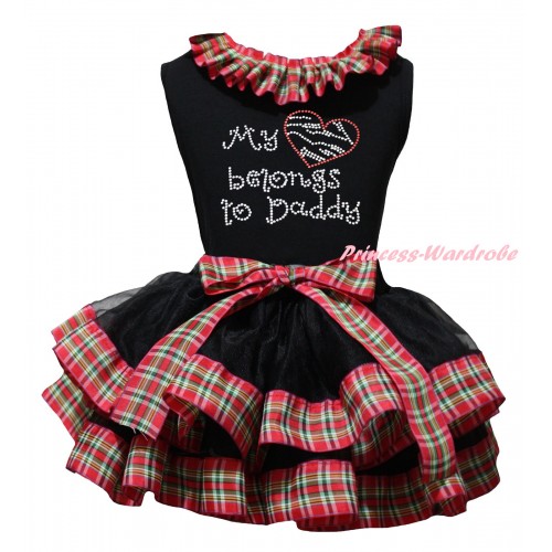 Black Pettitop Red Green Checked Lacing & Sparkle Rhinestone My Love Belong To Daddy Print & Black Red Green Checked Trimmed Pettiskirt MG2715