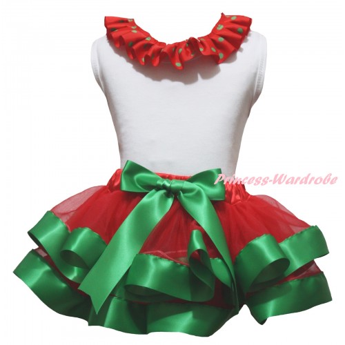 White Baby Pettitop Red Green Dots Lacing & Red Kelly Green Trimmed Newborn Pettiskirt NG2267