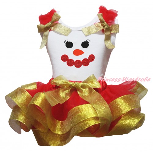 Christmas White Baby Pettitop Red Ruffles Gold Bow & Sparkle Red Snowman Face Print & Red Gold Trimmed Newborn Pettiskirt NG2274