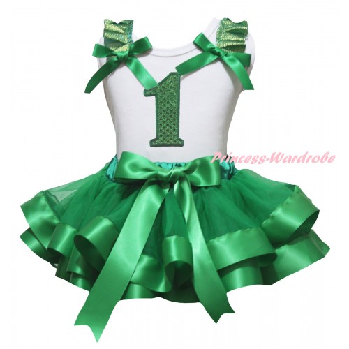 White Baby Pettitop Kelly Green Ruffles Bow & 1st Sparkle Birthday Number Print & Kelly Green Trimmed Newborn Pettiskirt NG2282