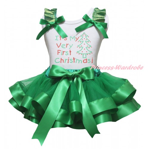 Christmas White Baby Pettitop Kelly Green Ruffles Bow & Sparkle Rhinestone It's My Very First Christmas print & Kelly Green Trimmed Newborn Pettiskirt NG2285