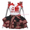 Christmas White Baby Pettitop Red Green Checked Ruffles Red Bow & My 1st Christmas Painting & Gift Print & Black Red Green Checked Trimmed Newborn Pettiskirt NG2286