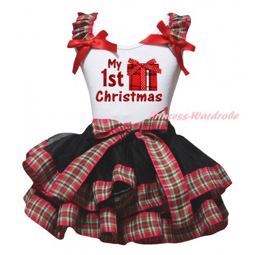 Christmas White Baby Pettitop Red Green Checked Ruffles Red Bow & My 1st Christmas Painting & Gift Print & Black Red Green Checked Trimmed Newborn Pettiskirt NG2286