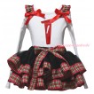 White Baby Pettitop Red Green Checked Ruffles Red Bow & 1st Birthday Number Painting & Black Red Green Checked Trimmed Newborn Pettiskirt NG2292