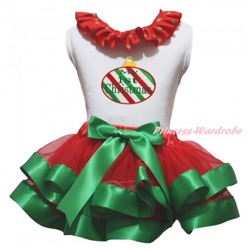 Christmas White Baby Pettitop Red Green Dots Lacing & Red White Green Striped Christmas Lights Print & Red Kelly Green Trimmed Newborn Pettiskirt NG2306