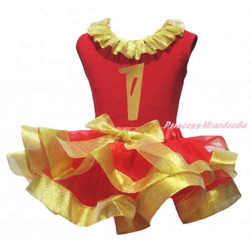 Red Baby Pettitop Gold Lacing & 1st Birthday Number Painting & Red Gold Trimmed Newborn Pettiskirt NG2311
