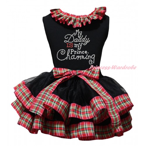 Black Baby Pettitop Red Green Checked Lacing & Sparkle Rhinestone Daddy Is My Prince Charming Print & Black Red Green Checked Trimmed Newborn Pettiskirt NG2320