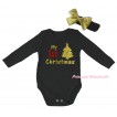 Christmas Black Baby Jumpsuit & Sparkle My 1st Christmas Tree Painting & Black Headband Gold Bow TH784