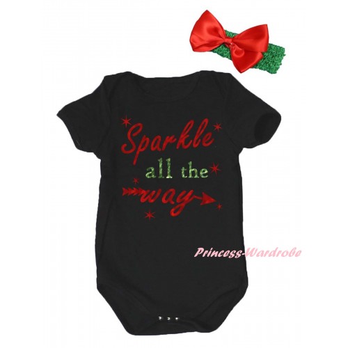 Christmas Black Baby Jumpsuit & Sparkle All The Way Painting & Green Headband Red Bow TH786