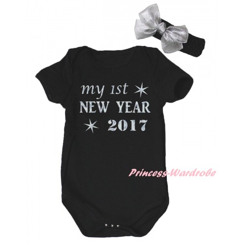 Black Baby Jumpsuit & Sparkle My 1st New Year 2017 Painting & Black Headband Silver Bow TH787