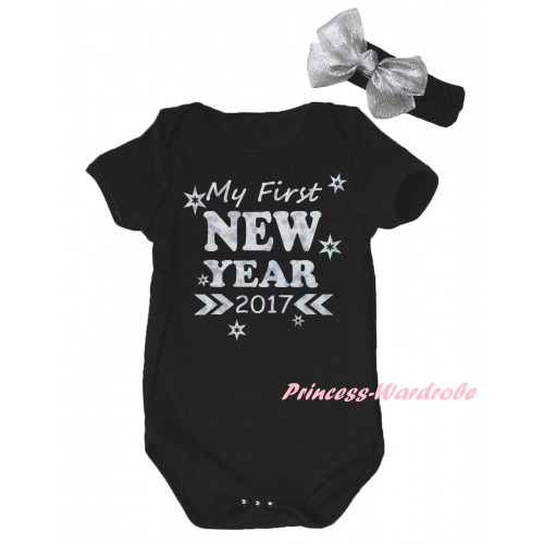 Black Baby Jumpsuit & Sparkle My First New Year 2017 Painting & Black Headband Silver Bow TH788