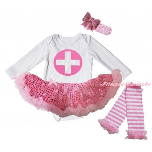 White Long Sleeve Baby Bodysuit Jumpsuit Light Pink Sequins Pettiskirt & Light Pink Nurse Painting & Light Pink Headband Bow & Warmers Leggings JS6205