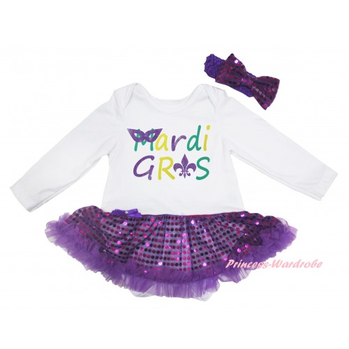 Mardi Gras White Long Sleeve Baby Bodysuit Jumpsuit Dark Purple Sequins Pettiskirt & Mardi Gras Painting & Dark Purple Headband Bow JS6209