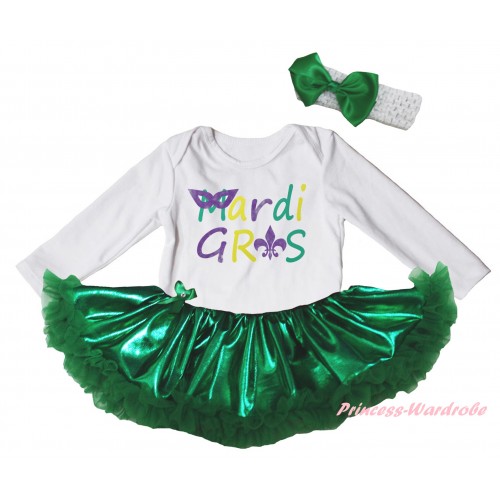 Mardi Gras White Long Sleeve Baby Bodysuit Bling Kelly Green Pettiskirt & Mardi Gras Painting & White Headband Kelly Green Bow JS6213