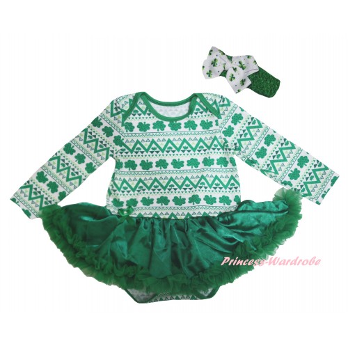 St Patrick's Day White Kelly Green Clover Long Sleeve Baby Bodysuit Jumpsuit Kelly Green Pettiskirt & Kelly Green Headband White Clover Bow JS6216