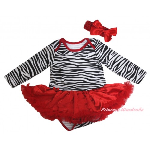 Red Zebra Long Sleeve Baby Bodysuit Jumpsuit Red Pettiskirt & Red Headband Bow JS6217