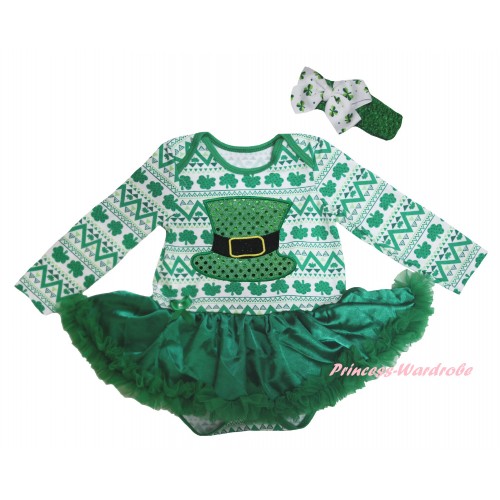 St Patrick's Day White Kelly Green Clover Long Sleeve Baby Bodysuit Jumpsuit Kelly Green Pettiskirt & Sparkle Kelly Green Hat Print & Kelly Green Headband White Clover Bow JS6218