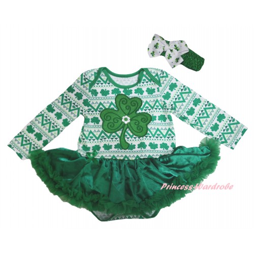 St Patrick's Day White Kelly Green Clover Long Sleeve Baby Bodysuit Jumpsuit Kelly Green Pettiskirt & Clover Print & Kelly Green Headband White Clover Bow JS6219