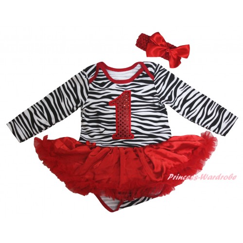 Red Zebra Long Sleeve Baby Bodysuit Jumpsuit Red Pettiskirt & Sparkle Red 1st Birthday Number & Red Headband Bow JS6222