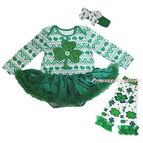 St Patrick's Day White Kelly Green Clover Long Sleeve Baby Bodysuit Jumpsuit Kelly Green Pettiskirt & Clover Print & Kelly Green Headband White Clover Bow & Warmers Leggings JS6225