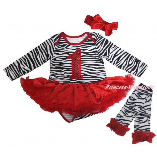 Red Zebra Long Sleeve Baby Bodysuit Jumpsuit Red Pettiskirt & Sparkle Red 1st Birthday Number & Red Headband Bow & Warmers Leggings JS6228