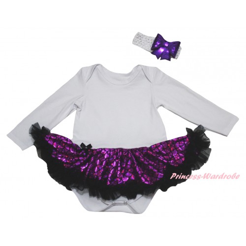 White Long Sleeve Baby Bodysuit Jumpsuit Black Dark Purple Scale Pettiskirt & White Headband Dark Purple Bow JS6229