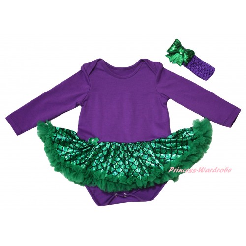 Dark Purple Long Sleeve Baby Bodysuit Jumpsuit Green Scale Pettiskirt & Dark Purple Headband Kelly Green Bow JS6230