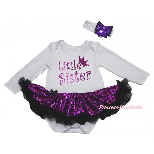 White Long Sleeve Baby Bodysuit Jumpsuit Black Dark Purple Scale Pettiskirt & Sparkle Dark Purple Little Sister Painting & White Headband Dark Purple Bow JS6236