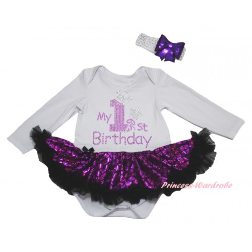 White Long Sleeve Baby Bodysuit Jumpsuit Black Dark Purple Scale Pettiskirt & Sparkle Rhinestone My 1st Birthsday Print & White Headband Dark Purple Bow JS6238