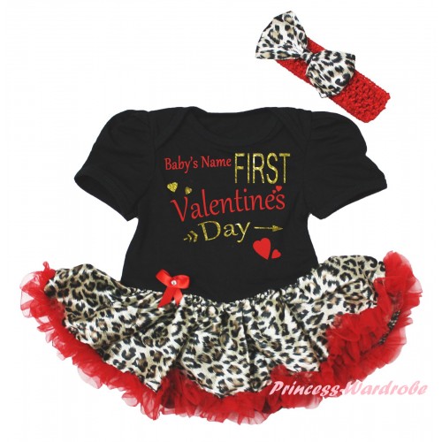 Valentine's Day Black Baby Bodysuit Leopard Red Pettiskirt & Sparkle Gold Red Baby's Name First Valentine's Day Painting JS6251