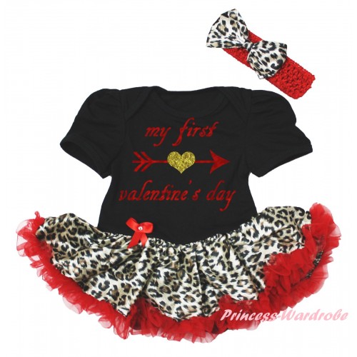 Valentine's Day Black Baby Bodysuit Leopard Red Pettiskirt & Sparkle My First Valentine's Day Painting JS6253