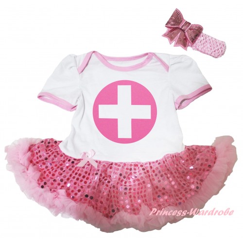 White Baby Bodysuit Jumpsuit Light Pink Sequins Pettiskirt & Light Pink Nurse Painting JS6256