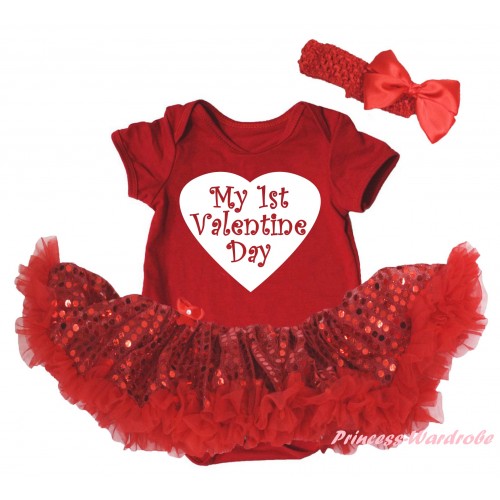 Valentine's Day Red Baby Bodysuit Jumpsuit Red Sequins Pettiskirt & White My 1st Valentine Day Heart Painting JS6259