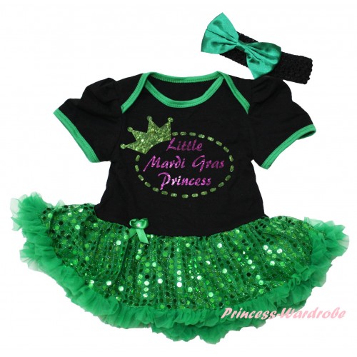Mardi Gras Black Baby Bodysuit Bling Kelly Green Sequins Pettiskirt & Sparkle Little Mardi Gras Princess Painting JS6260