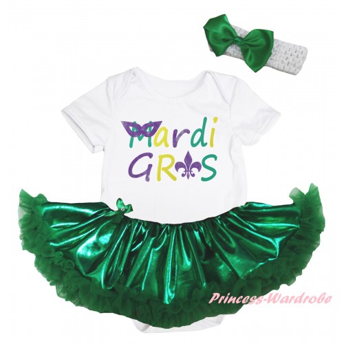 Mardi Gras White Baby Bodysuit Bling Kelly Green Pettiskirt & Mardi Gras Painting JS6268
