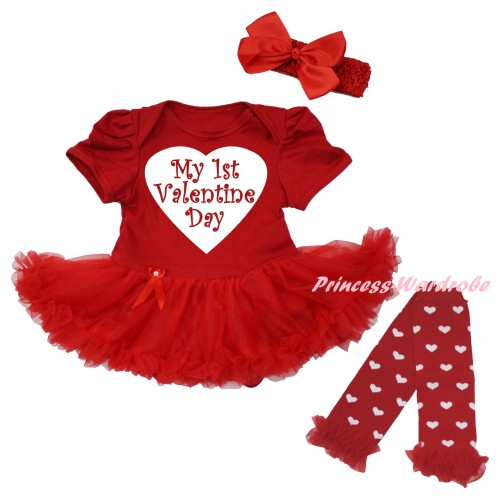 Valentine's Day Red Baby Bodysuit Jumpsuit Red Pettiskirt & White My 1st Valentine Day Heart Painting & Warmers Leggings JS6293