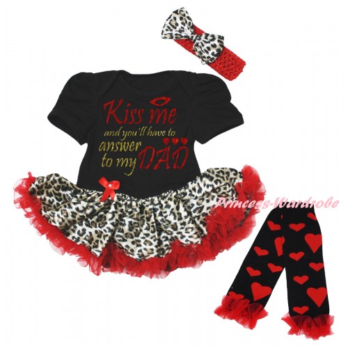 Valentine's Day Black Baby Bodysuit Leopard Red Pettiskirt & Sparkle Kiss Me And You'll Have To Answer To My Dad Painting & Warmers Leggings JS6295