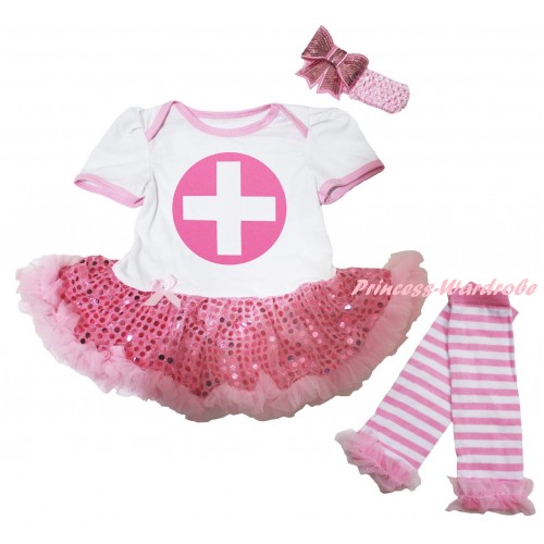 White Baby Bodysuit Jumpsuit Light Pink Sequins Pettiskirt & Light Pink Nurse Painting & Warmers Leggings JS6296