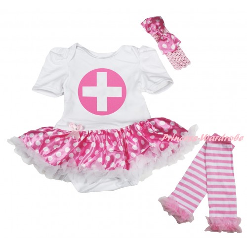 White Baby Bodysuit Hot Pink White Dots Pettiskirt & Light Pink Nurse Painting & Warmers Leggings JS6306