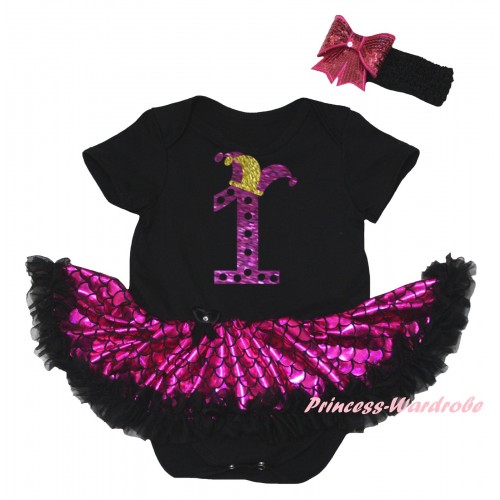 Black Baby Jumpsuit Hot Pink Scale Pettiskirt & Sparkle Dark Purple White Dots 1st Number Clown Hat Painting JS6310